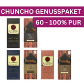 Gruppenbild des Chuncho Genusspakets mit sechs Schokoladentafeln, die unterschiedliche Kakaoanteile (60-100%) bieten. Präsentiert die Vielfalt des Chuncho-Kakaos in einer stilvollen Kollektion.
